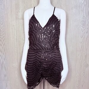 Alpha and omega spaghetti strap black lace sequin short romper black med